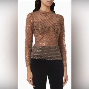 Self-portrait Mesh Long Sleeve Top Dot Sequin Embellished Brown